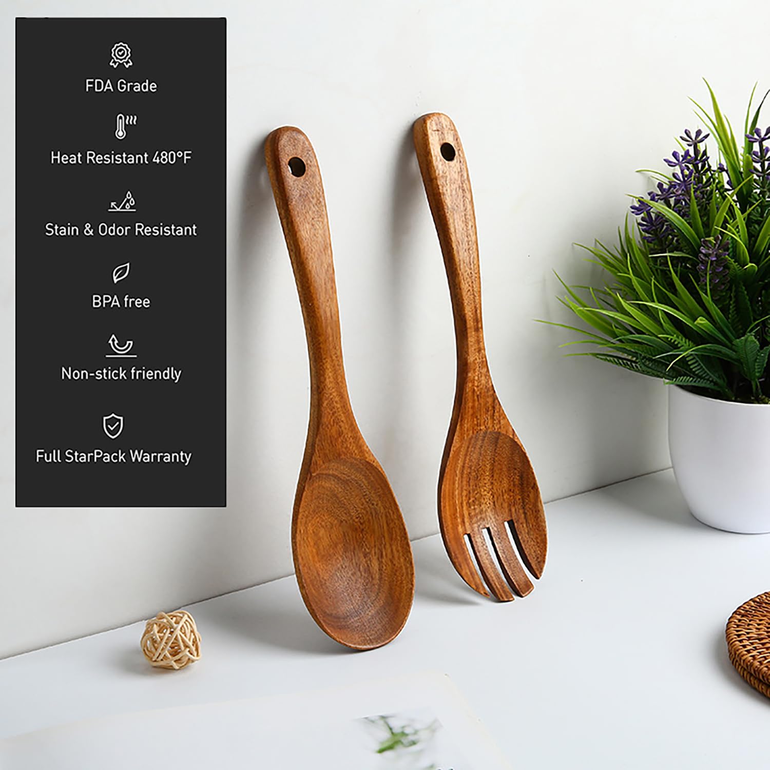 JINJUMEI 2 stuks slabestek van olijfhout, houten slalepel en vork, slabestek, krasvrij, hittebestendig, slaset voor salade, pasta, fruit