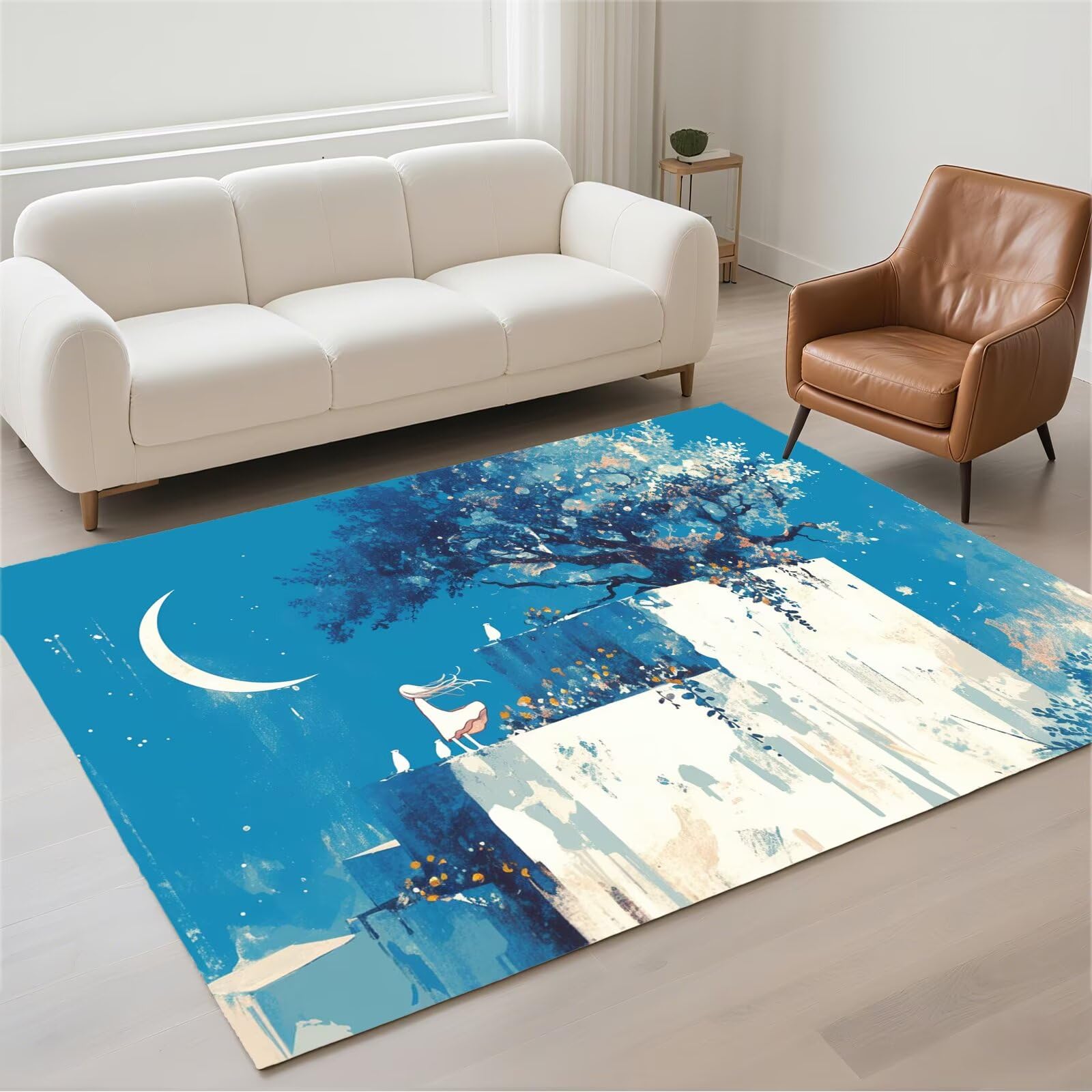 Tapis salon 120x180cm bleu lavable et moderne pour chambre
