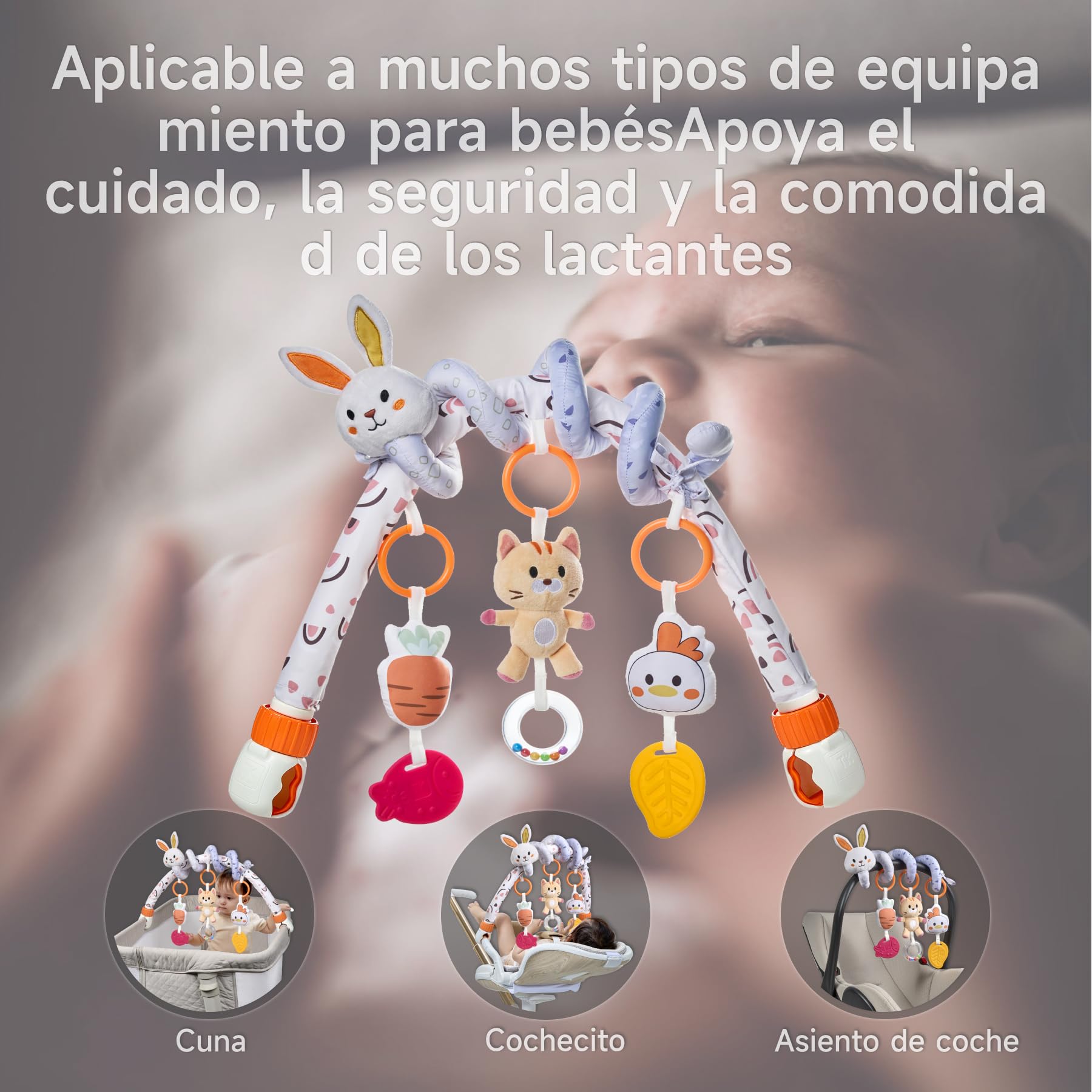 TUMAMA KIDS Juguete de bebé para Hamaca, 2 in 1 Juego de Juguetes de Arco y Espiral, Juguetes Bebe 0 3 6 9 Meses con sonajero Colgante - Conejito