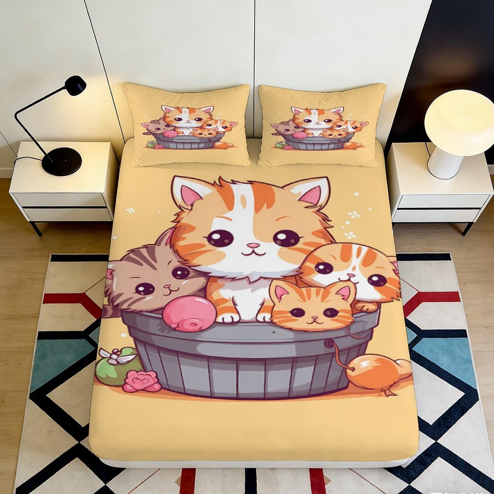 3D Printed Orange Tabby Cat Fitted Sheet Microfiber Anti-Slip Cartoon Kitten Bed Cover for Bedroom Dorm Mattress Decor 90x200x25cm