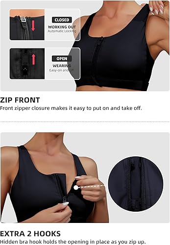 Miniatura 4 de Sujetadores deportivos con cremallera frontal para mujer, brasier de entrenamiento de alto impacto, parte superior acolchada con espalda cruzada
