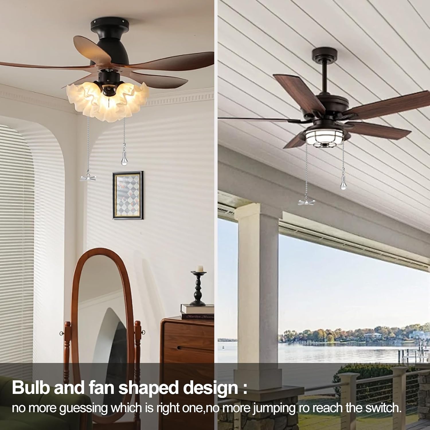 Ceiling Fan Pull Chain Ornaments, 13.6 Inches Fan Pulls Extension Chains Set, Decorative Metal Light Bulb and Fan Cord, Ultra Long 3mm Diameter Beaded Ball Pull Chains for Lamp