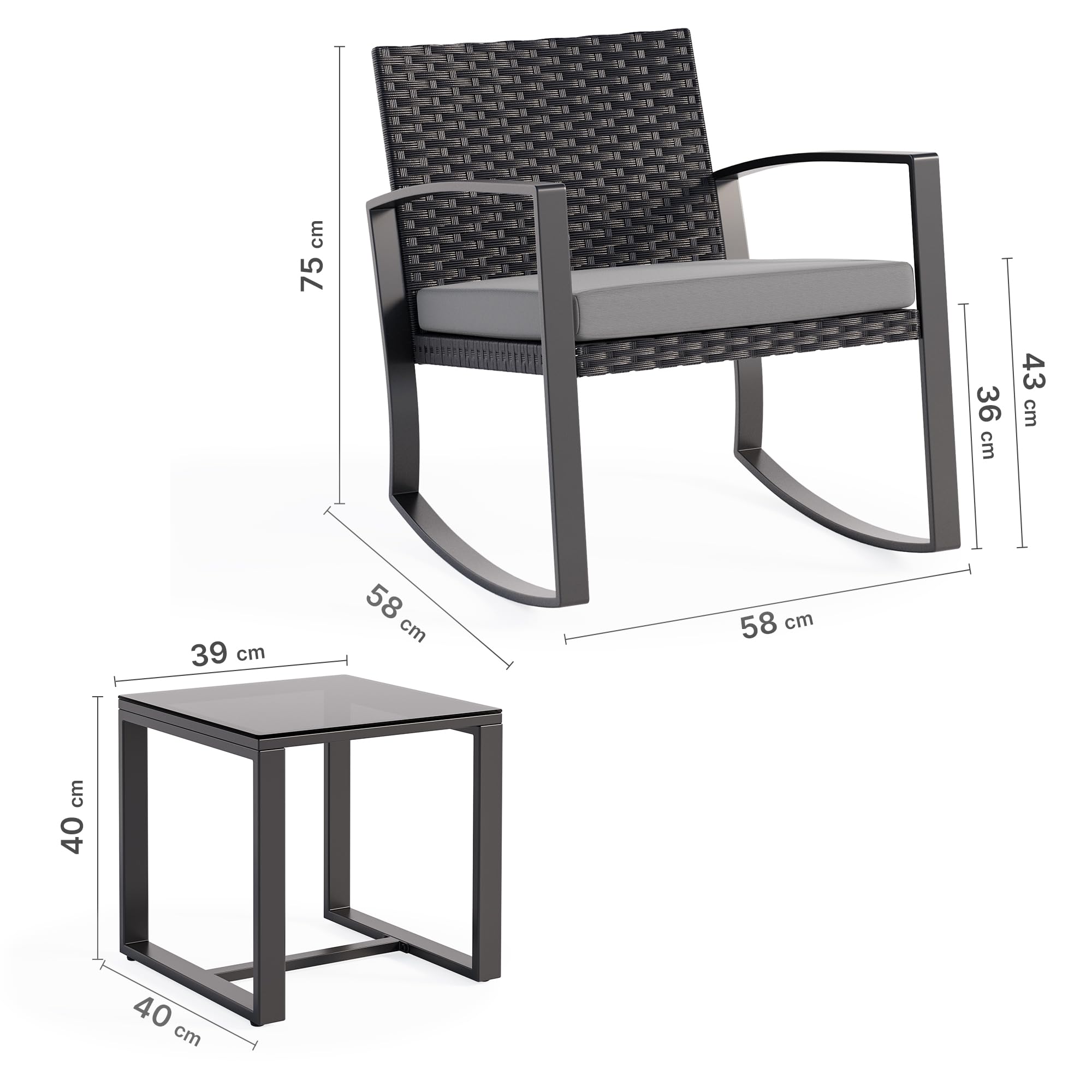 Xbro Balkonmöbel Set 3 Teilig, Gartentisch und Stühle Set 2 Rattan Balkonmöbel Set für Veranda Terrasse Garten und Pub Terrasse, Grau