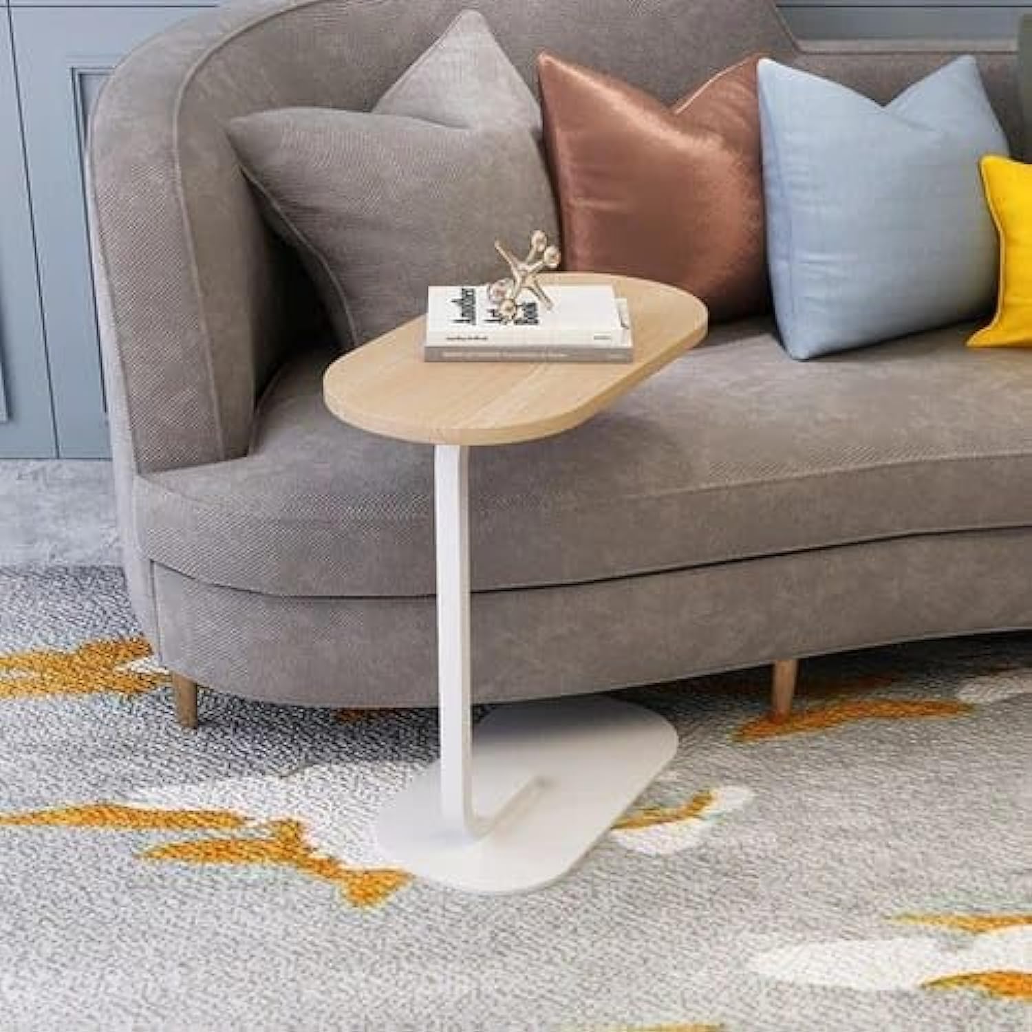 Couch Table, C Shaped End Table, Sofa Side Table Slide Under for Living Room Bedside Bathroom Rustic Office Laptop Snack Coffee Table, Metal Frame, Easy Assembly 45 * 30 * 63CM (beige)