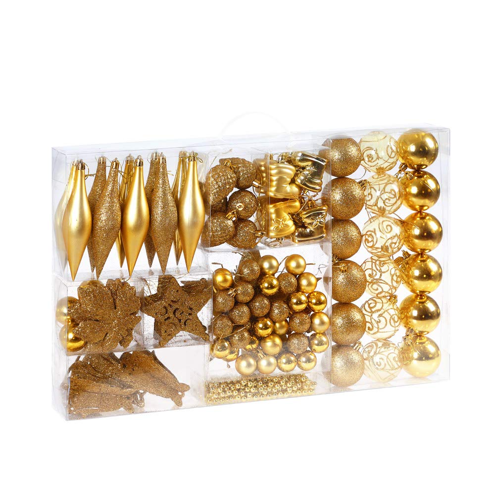 DEUBA Bolas Adornos Árbol Navidad Juego de 102 Piezas Colgantes Dorado | Set Completo, Plástico Resistente a Prueba de Roturas, para Interior y Exterior, Varios Tamaños, Decoración Navideña