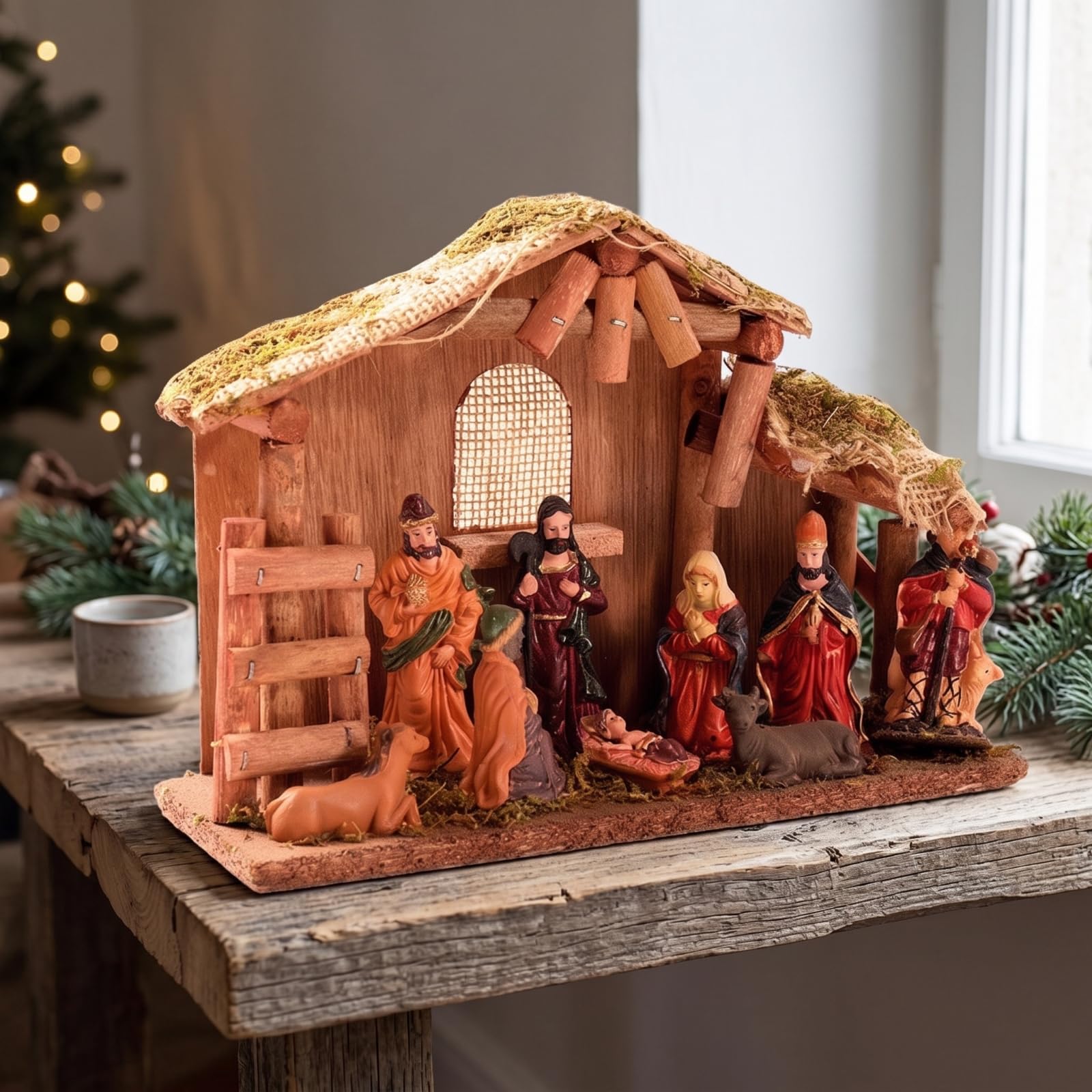 krippe mit Stall und Figuren kompakt Krippe mit Stall handgefertigt Mini-Krippe Figuren für Wohnzimmer, Kamin, Style B