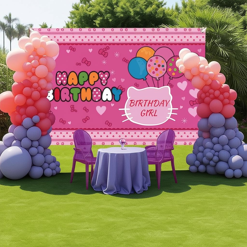 Pink Happy Birthday Backdrop for Girls - 5x3 ft Cute Cartoon Birthday Girl Party Decorations - Photo Booth Background Banner with Balloons Hearts Bows