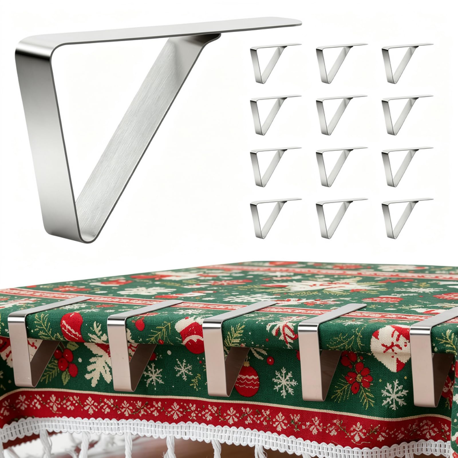 Photo 1 of 12 Pieces Tablecloth Clips, Waterproof Stainless Steel Table Cloth Holder Clips, Windproof Picnic Table Cover Clamps for Securing Tablecloths Indoor Outdoor Party, Wedding, Christmas, Camp (12, Small)