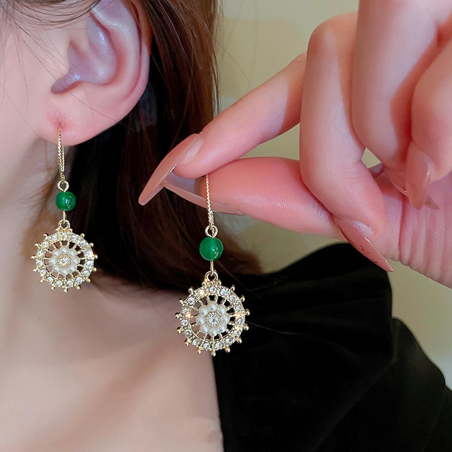 W WEILIRIAN Crystal Round Drop Earrings Vintage Pearl Bead Earrings Circle Dangle Hook Earrings Green Bead Earrings Jewelry for Women and Girls Gifts - Image 7