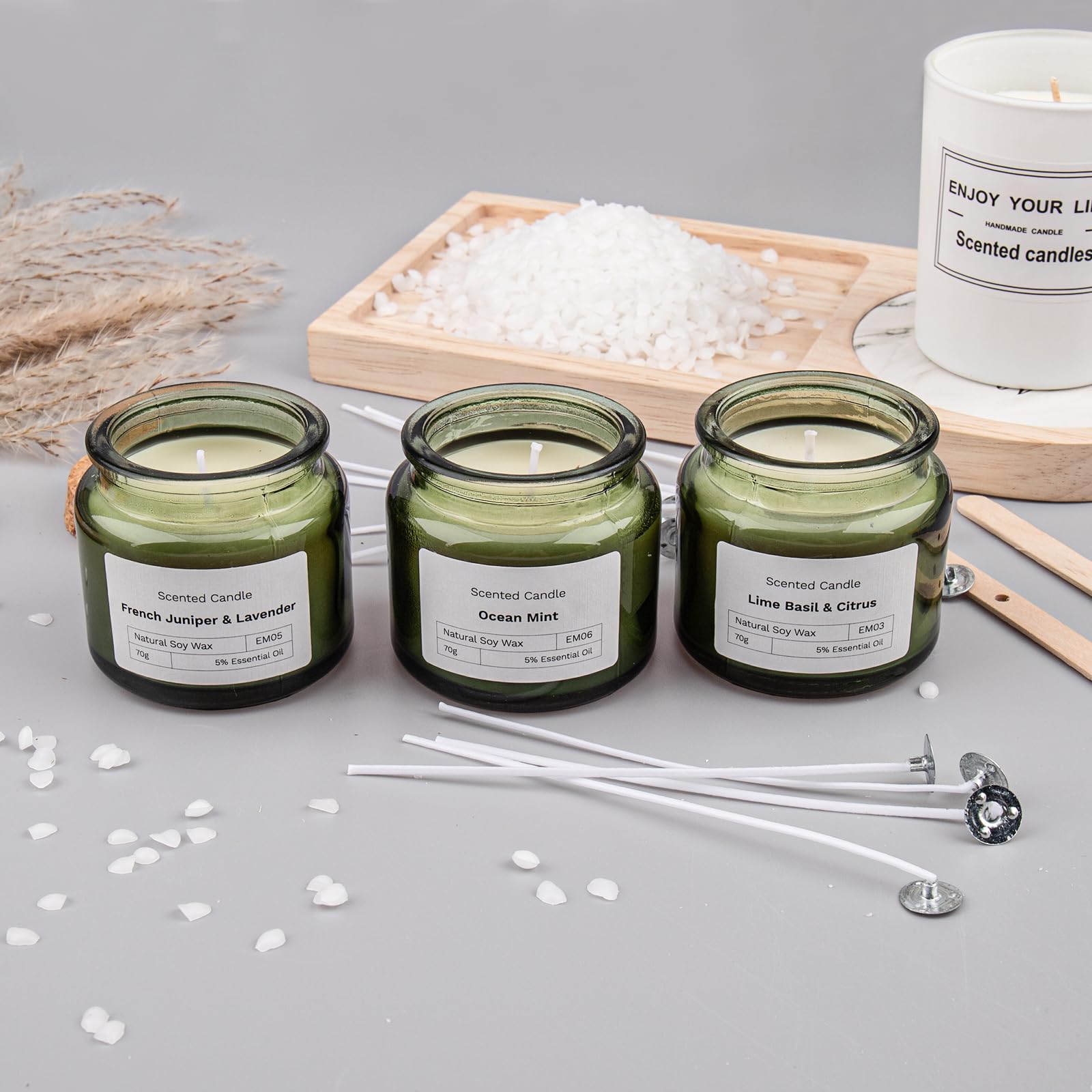 ALLAVA 50 stoppini per candele, 10 cm, stoppini per candele, con porta stoppino in legno, cotone biologico naturale, preriscaldato con cera di soia, stoppino per la produzione di candele fai da te