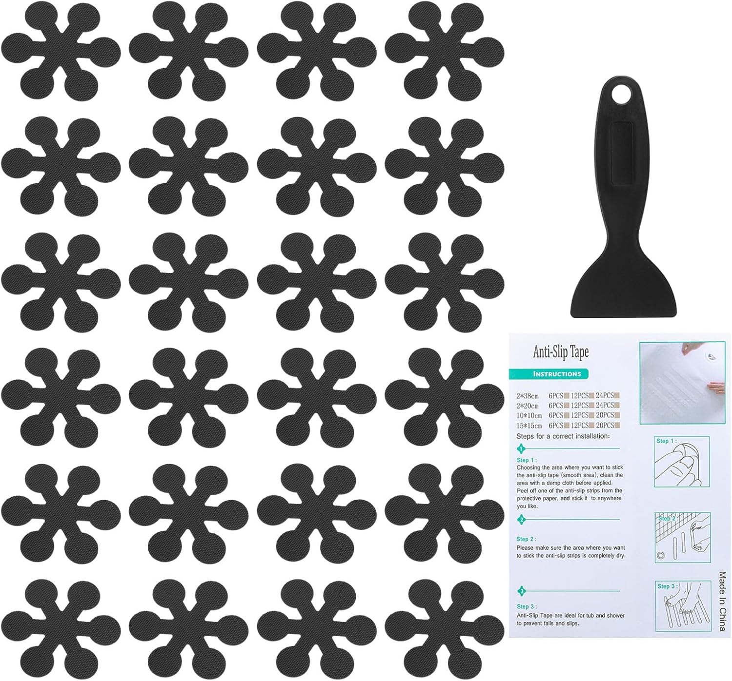 PATIKIL Bathtub Non Slip Stickers 3.15x3.15 Inch, 24 Pack Snowflake Safety Shower Floor Anti Slip Stickers with Adhesive Decals Scraper for Bath Tub Shower Floor Stair, Black