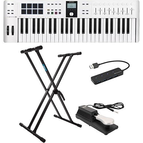 Arturia KeyLab Essential 49 mk3 MIDI Keyboard Controller with Custom DAW Scripts (White) Bundle with Adjustable Double X Keyboard Stand, Sustain Pedal, and 4-Port USB Hub (4 items)