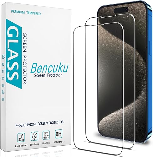Bencuku HPTech - Protector de pantalla de vidrio templado para iPhone 15 Pro Max (6.7 pulgadas), fácil de instalar, sin burbujas, dureza 9H (paquete