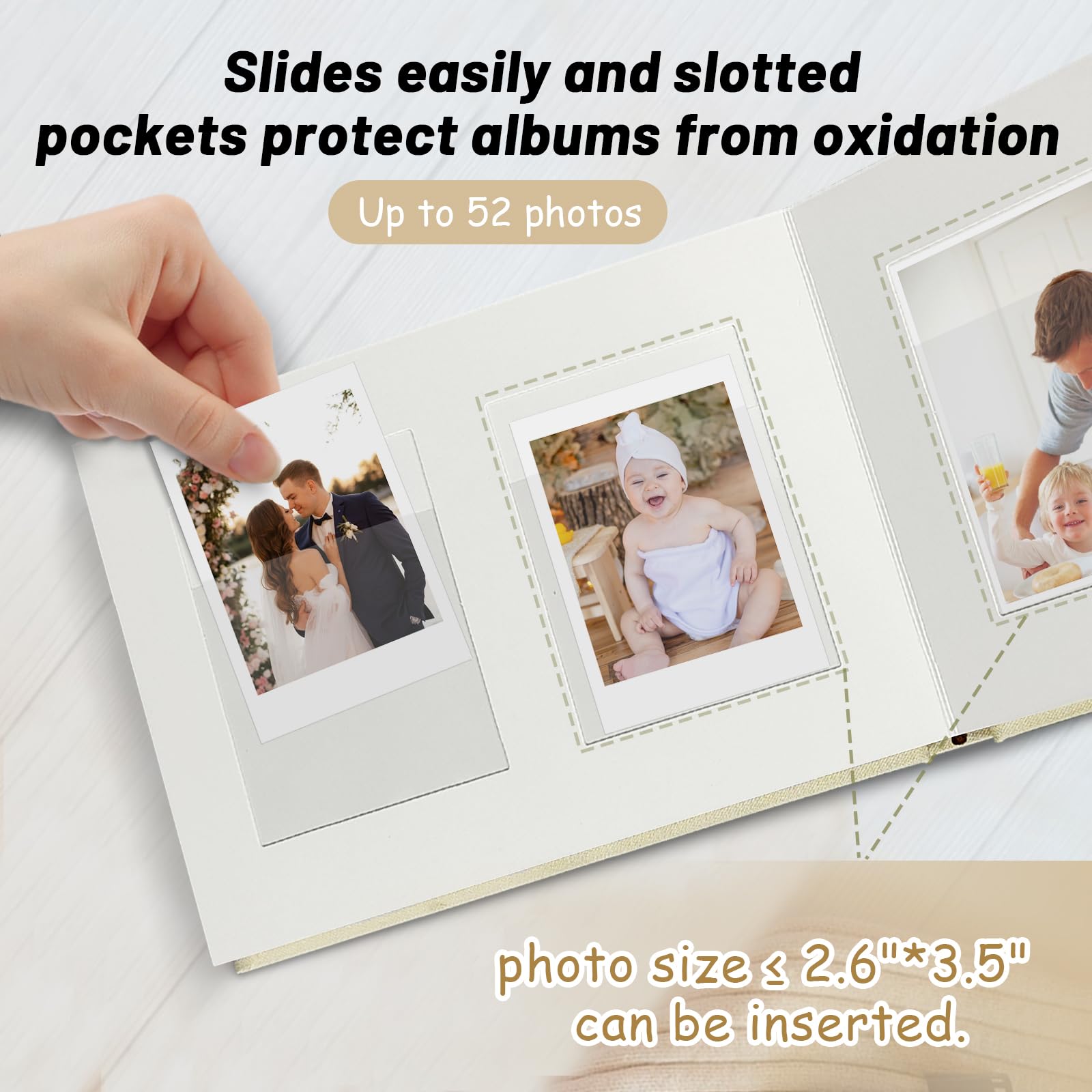 Instax Mini-Fotoalbum mit Platz zum Schreiben, 52 Taschen, Leineneinband mit Frontfenster, kompatibel mit Fujifilm, Polaroid, HP-Kettenrad & KPOP-Fotokarten, kuword Premium-Fotobuch, Geschenk, Beige