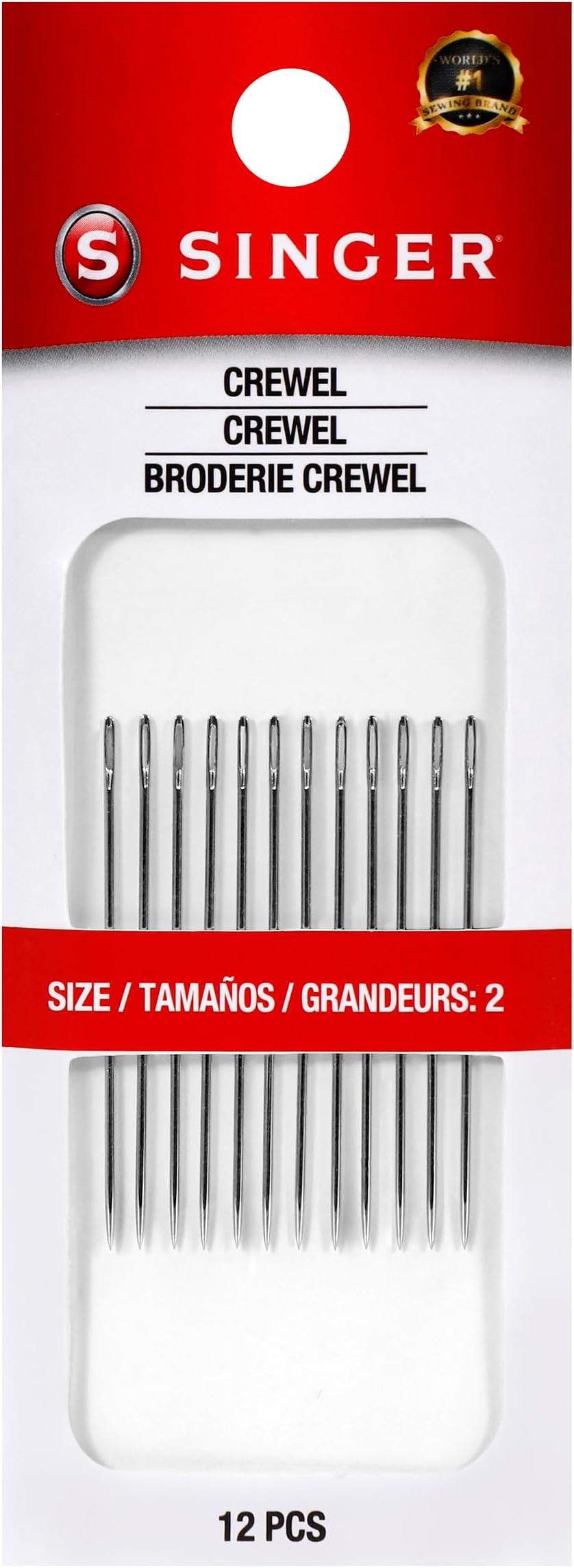 SINGER Crewel Hand Needles Set - Size 2, Sharp Point, Large Oval Eye, Nickel-Plated Steel, Ideal for Embroidery, Needlework, and Decorative Sewing, 12pc
