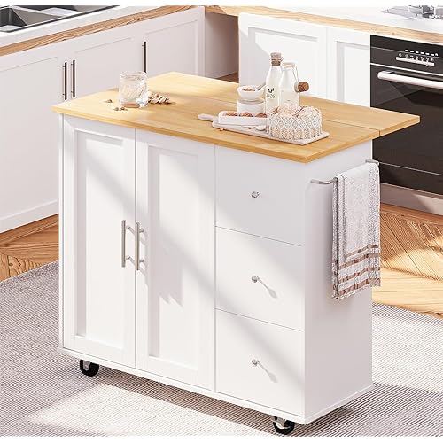 SUNLEI Kitchen Island with Storage Cabinet & Foldable Drop Leaf, Buffet Sideboard Cabinet, Cart Handle for Towel Rack, Drop Leaf, Portable Islands for Kitchen (Stylish White, 39.7-INCH)