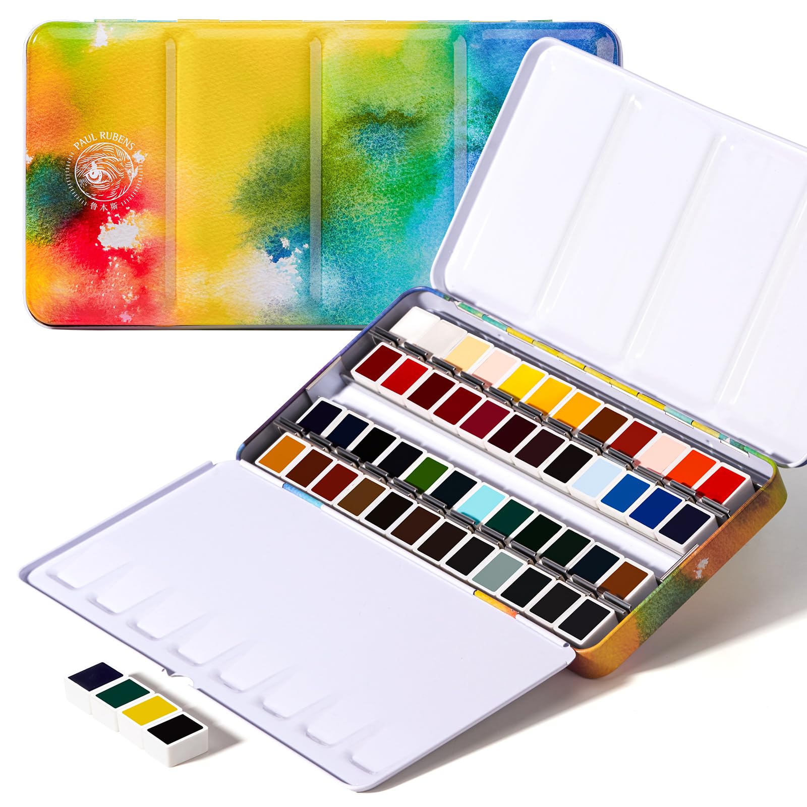 Paul Rubens Aquarelverfset, Artist Grade Solid Cakes Travel Pocket Set Portable met roze metalen doos - 48 kleuren