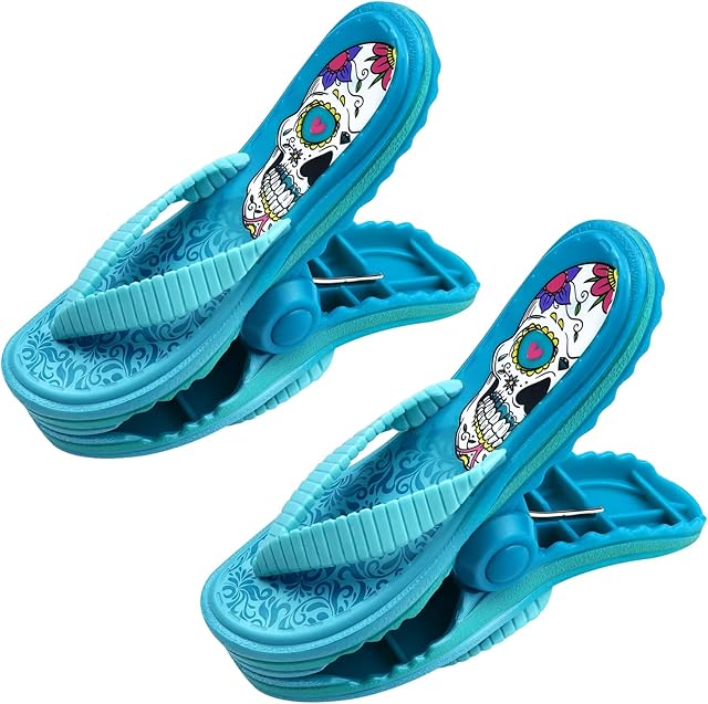 2 Pcs Large Slipper Towel Clips with Funny Skull Pattern Beach Towel Clips Novelty Sunbed Beach Pegs Plastic Laundry Clothes Clip Blankets Holders for Sun Loungers Washing Line Pool Indoor Outdoor