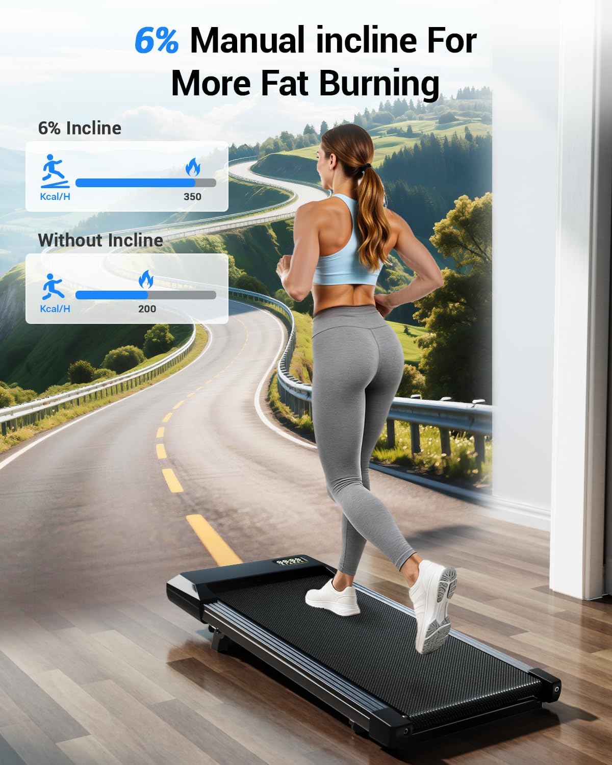 Image showing a woman running on the Superun Walking Pad with a graphic illustrating 6% incline for increased calorie burning compared to no incline.