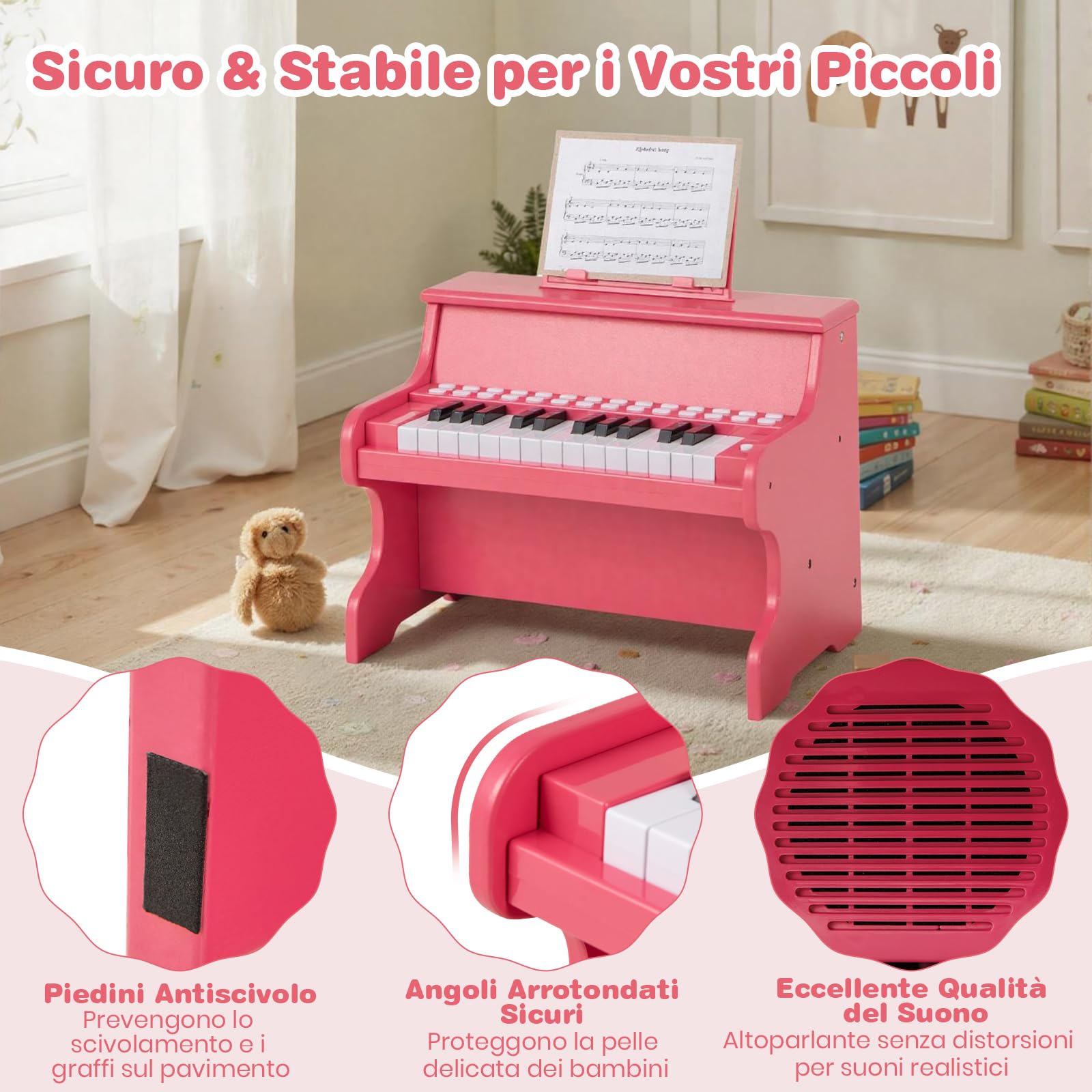 RELAX4LIFE Pianoforte per Bambini con 25 Tasti con Tasti Illuminati, Modalità Insegnamento,Portaspartiti, Funzione Registra/Riproduci, 6 Strumenti e 8 Percussioni (ROSA)