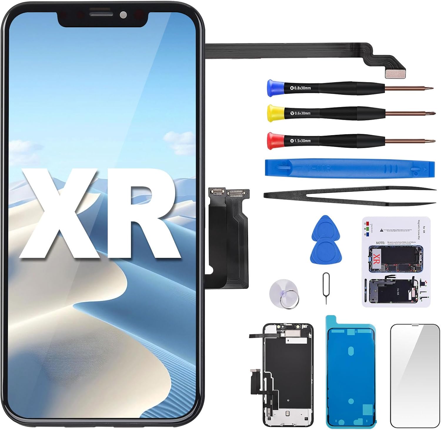 for iPhone XR Screen Replacement 6.1 inch Assembled with 3D LCD Screen Earpiece Ear Speaker Screen Protector Proximity and Ambient Light Sensor and Full Repair Tools Kit A1984 A2105 A2106 A2108