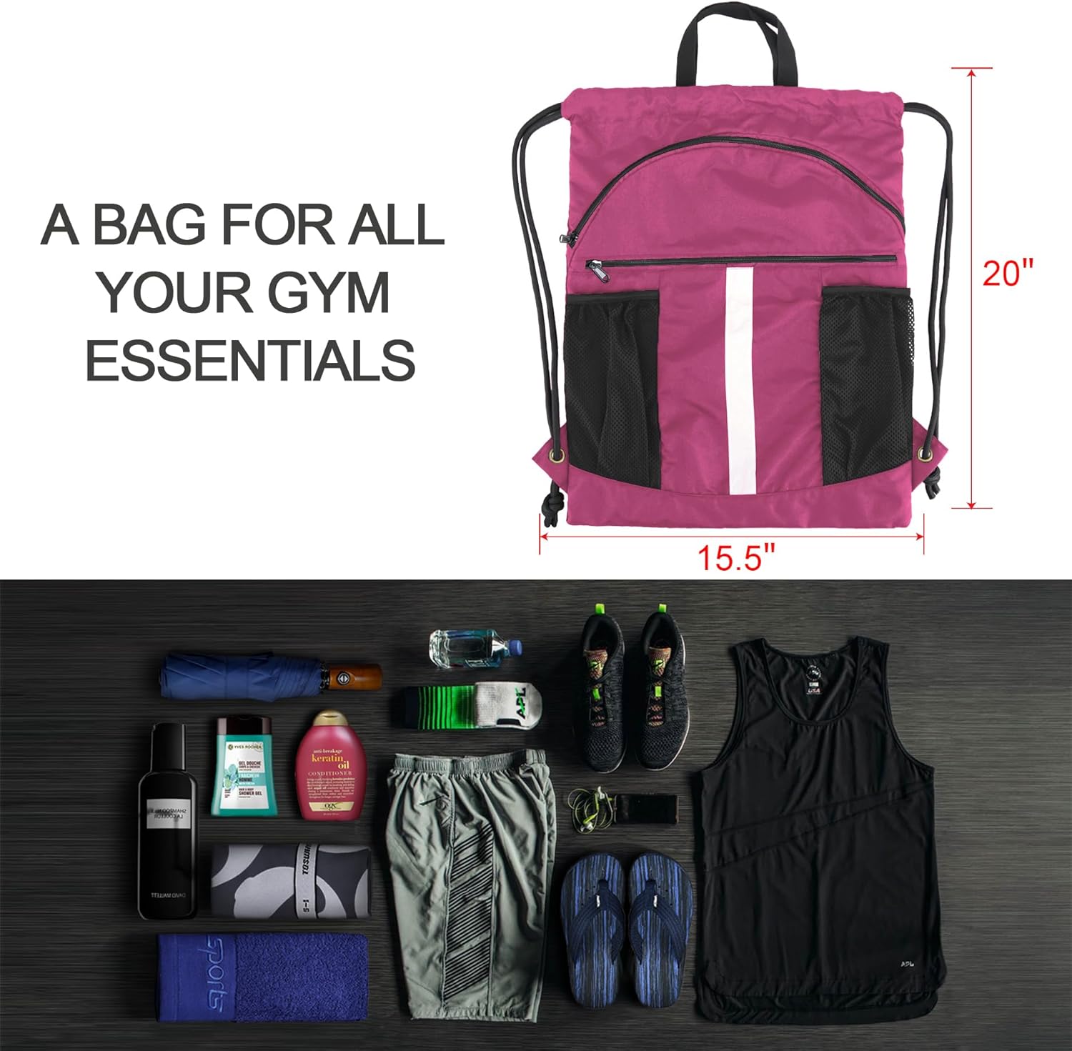 BeeGreen Drawstring Backpack Bag with Shoe Compartment, X-Large Black Gym Sports String Cinch Backpack