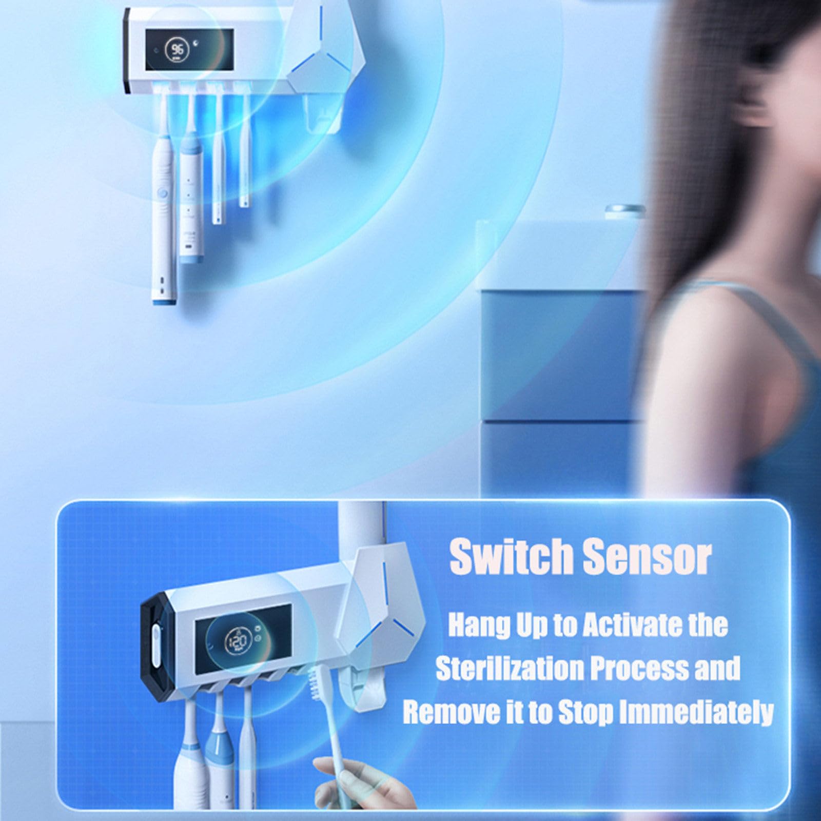 Tenedores de Cepillo de Dientes UV Inteligentes para baño, exprimidor de Cepillo de Dientes sin Agujeros, montado en la Pared,Black