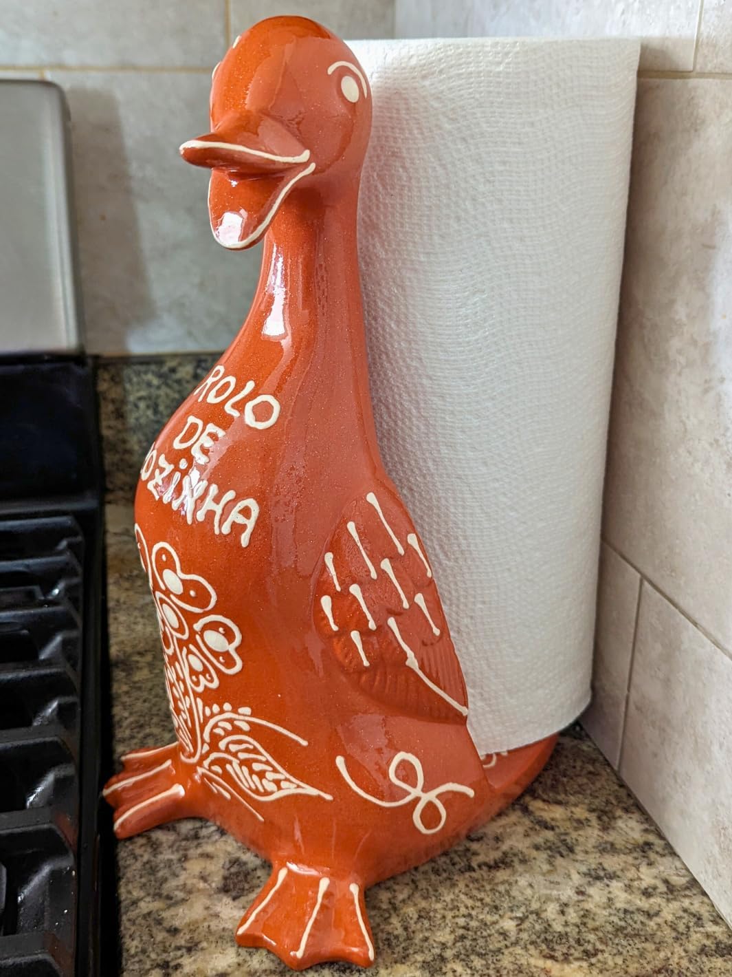 Handmade and Hand-Painted Portuguese Pottery Paper Towel Holder Duck