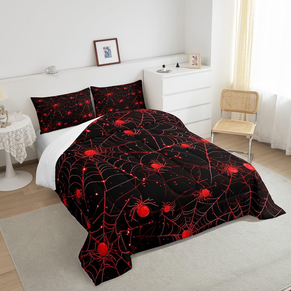 Feelyou Spider Comforter Set Twin Size Black Red Bedding Set Kids Adults Teens Spider Comforter Luxury Fluorescent Halloween Theme Duvet Set Kids Boys Girls All Season Bedroom Decor 2 Pieces