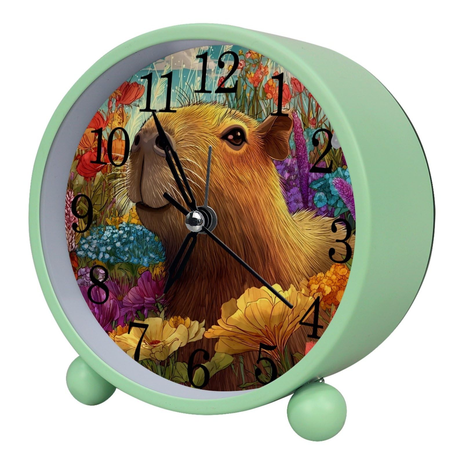 etoenbrc Capybara and Flowers 10.9" Alarm Clock,Small Battery Operated Clocks, Slient Plastic Table Clock for Living Room Decor,Bedroom,Office