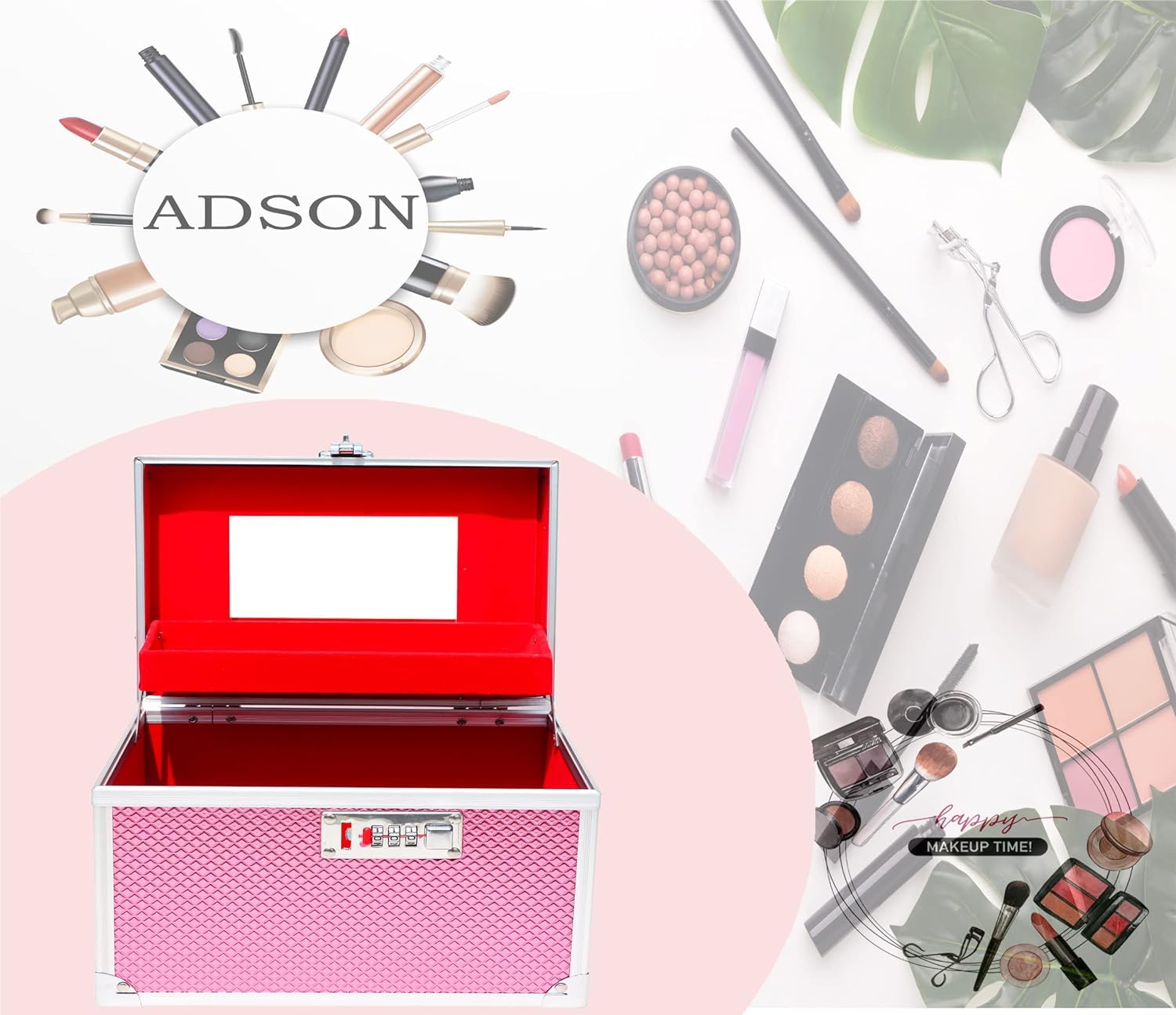 ADSON Professional Beauty Makeup Box Cosmetic Vanity Case/Box With Mirror (Metallic Pink), Free Size , 12 Cm 1
