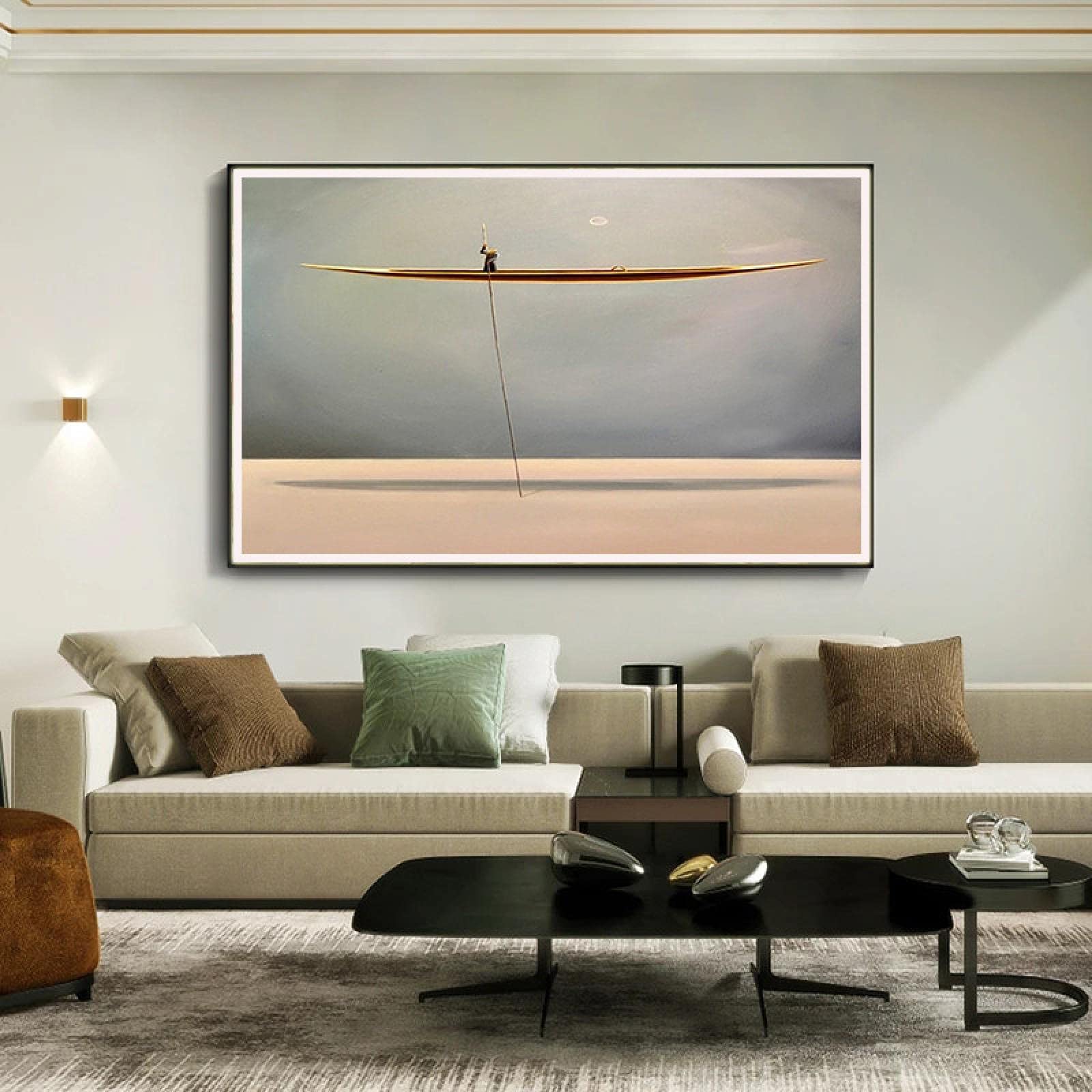 KADING Goldenes Boot Rudern Leinwanddrucke Landschaft Meereslandschaft Leinwand Gemälde Einfaches nordisches Poster Moderne Wandkunst Dekoration Bild 75x100cm(30x39in) mit Rahmen