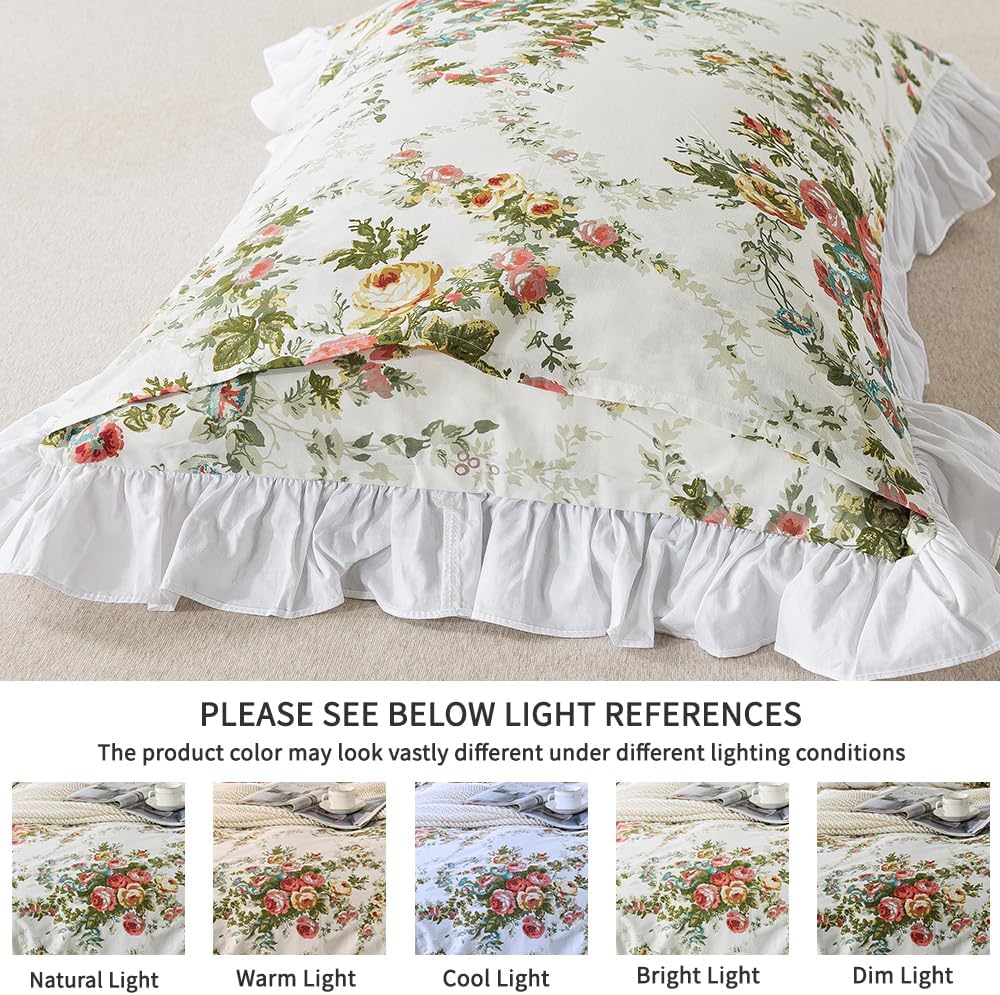 FADFAY Floral Duvet Cover Set Queen Size 100% Cotton Ruffle Vintage Rose Comforter Cover Set, Red Teal Flower Printed Off White Girls Shabby Bed Covers,Soft and Breathable Queen Size, 3 Pcs