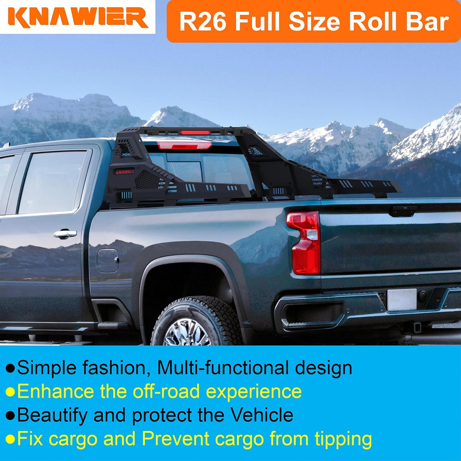 R26 Roll Bar for Full Size Pickup Truck, Adjustable Black Chase Rack/Roll Cage Compatible with Ram 1500/2500/3500,Silverado,Tundra,F-Series,Sierra,Titan&Titan XD,700Ibs Capacity,No Drilling
