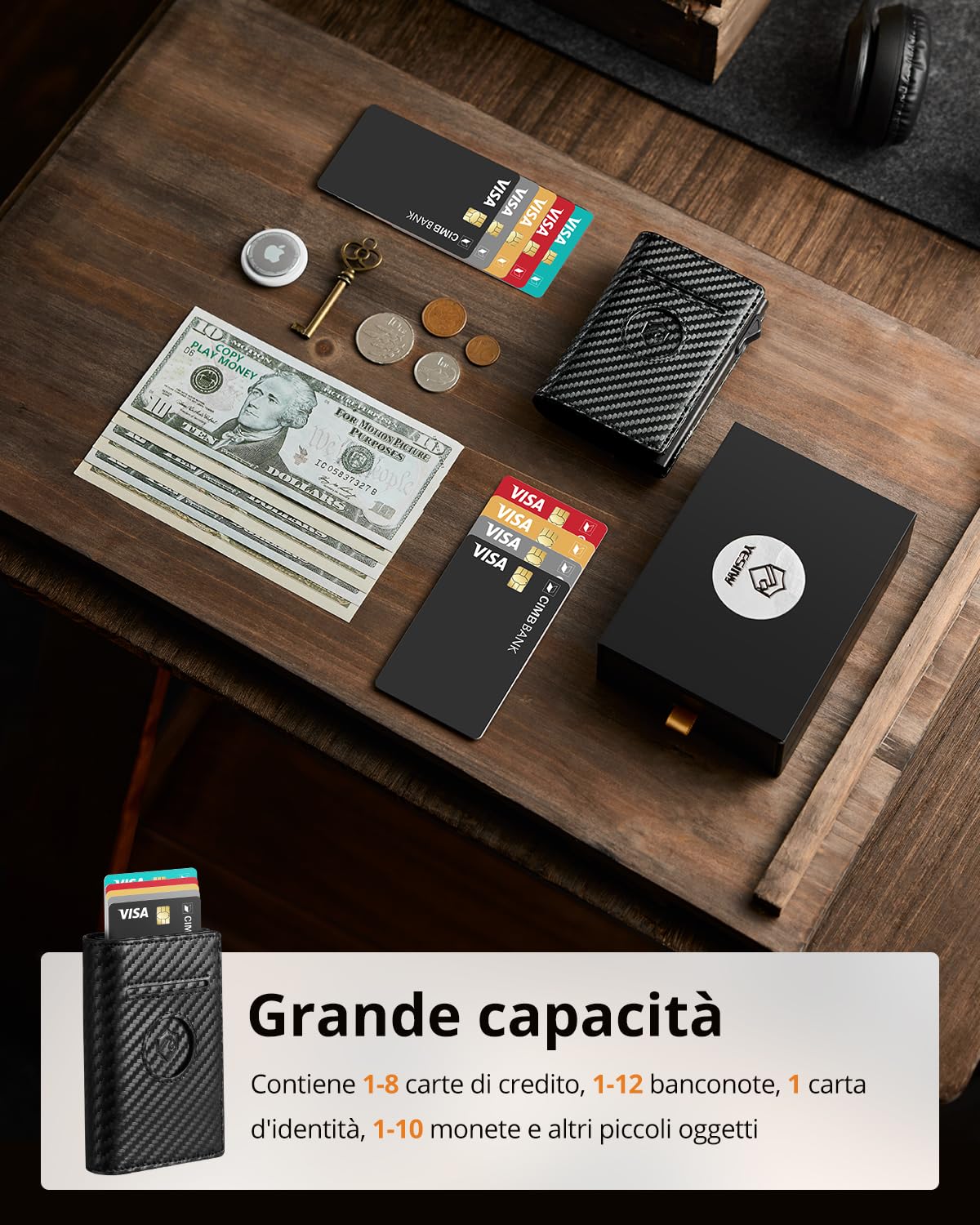 YESIIW Portafoglio Uomo Airtag Portafogli Uomoo con Blocco RFID Portacarte Uomo Slim con Fermasoldi e Tasca per Monete, Pop-up Porta Carte di Credito Uomoo per 10 Carte (Fibra Di Carbonio)