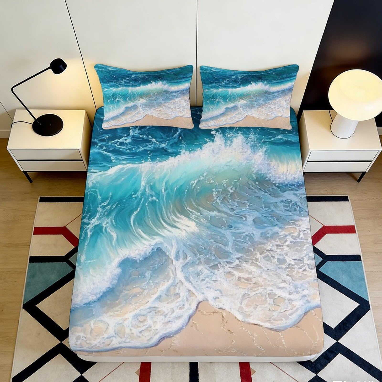 3D Printed Ocean Wave Fitted Sheet Microfiber Soft Blue Beach Mattress Cover for Bedroom Guestroom Dorm Mattress Protection 140x200x25cm