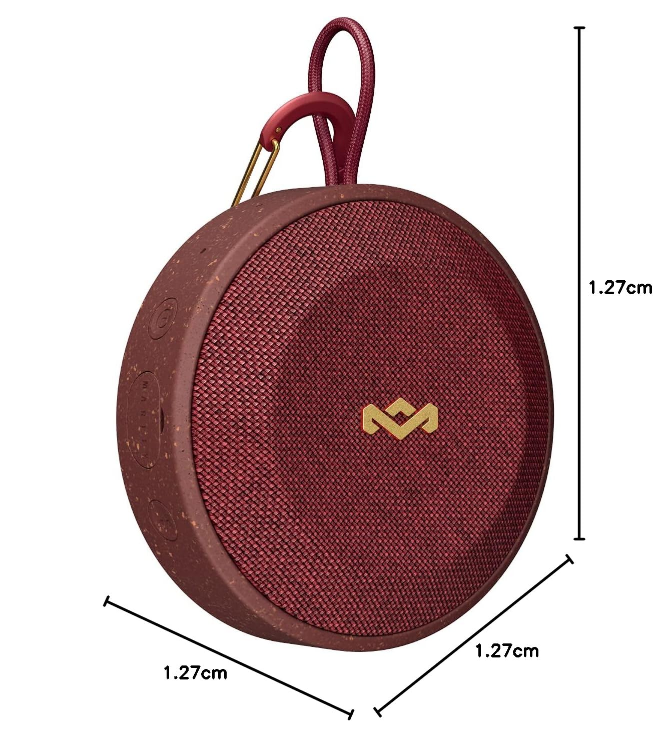 House of Marley No Bounds speaker with dimensions labeled as 1.27cm for length, width, and height.