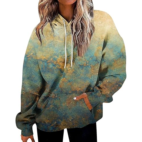 Hoodies For Womens Gradient Print Oversized Sweatshirt Drawstring Pullover With Pocket Trendy Womens Tie up Blouse