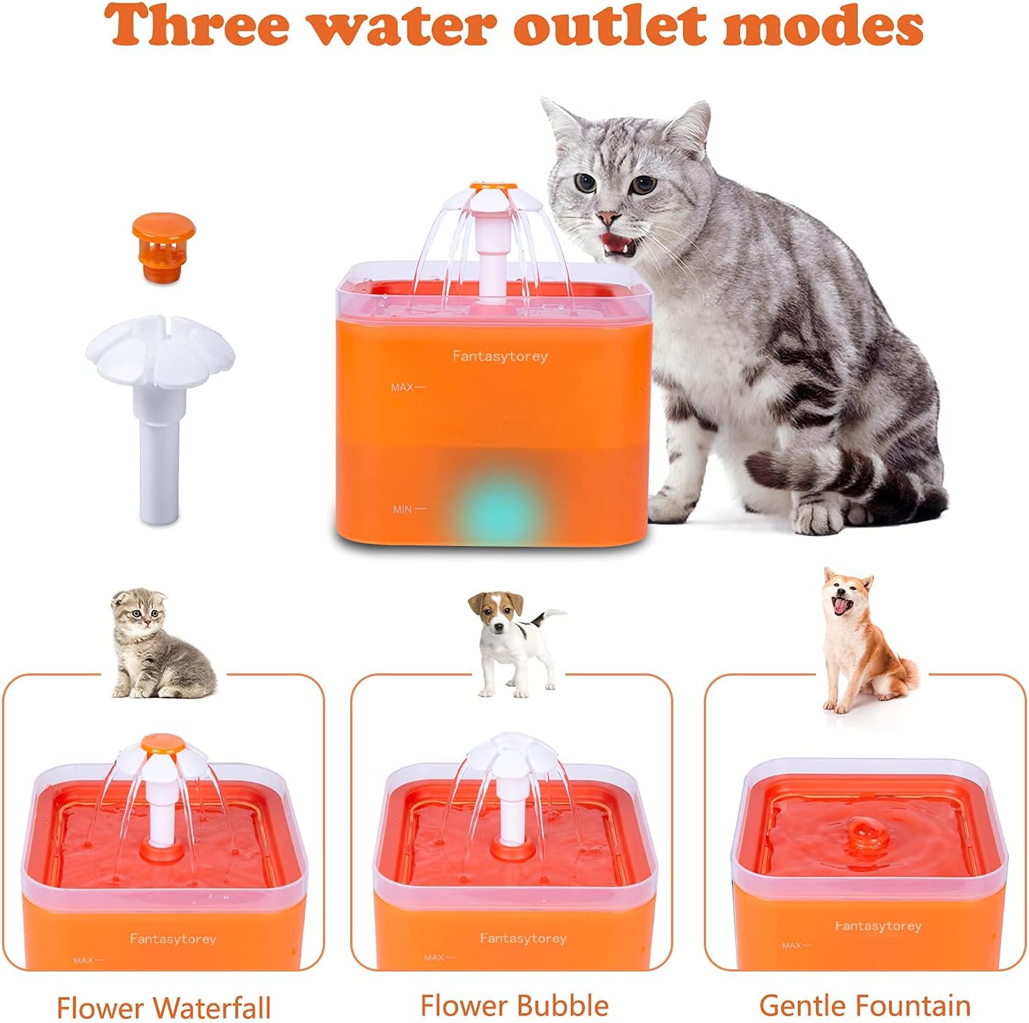 Cat Water Fountain, 67oz, LED Light Color Transparency, Ultra-Quiet, Dispenser for Cats, Dogs, Other Pets, USB Charge Without AC Adapter for Environmental Protection (Orange)
