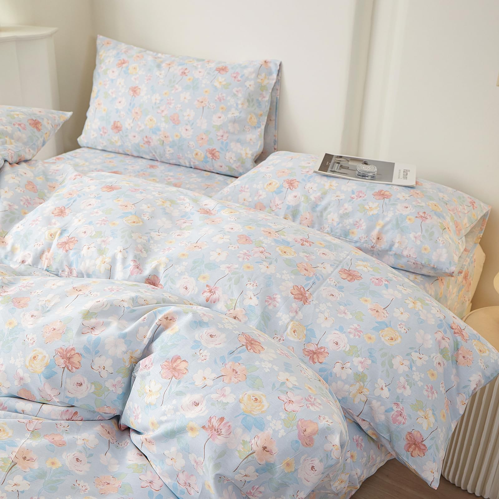 LifeTB Vintage Blue Floral Queen Comforter Set Cottagecore Bedding Set