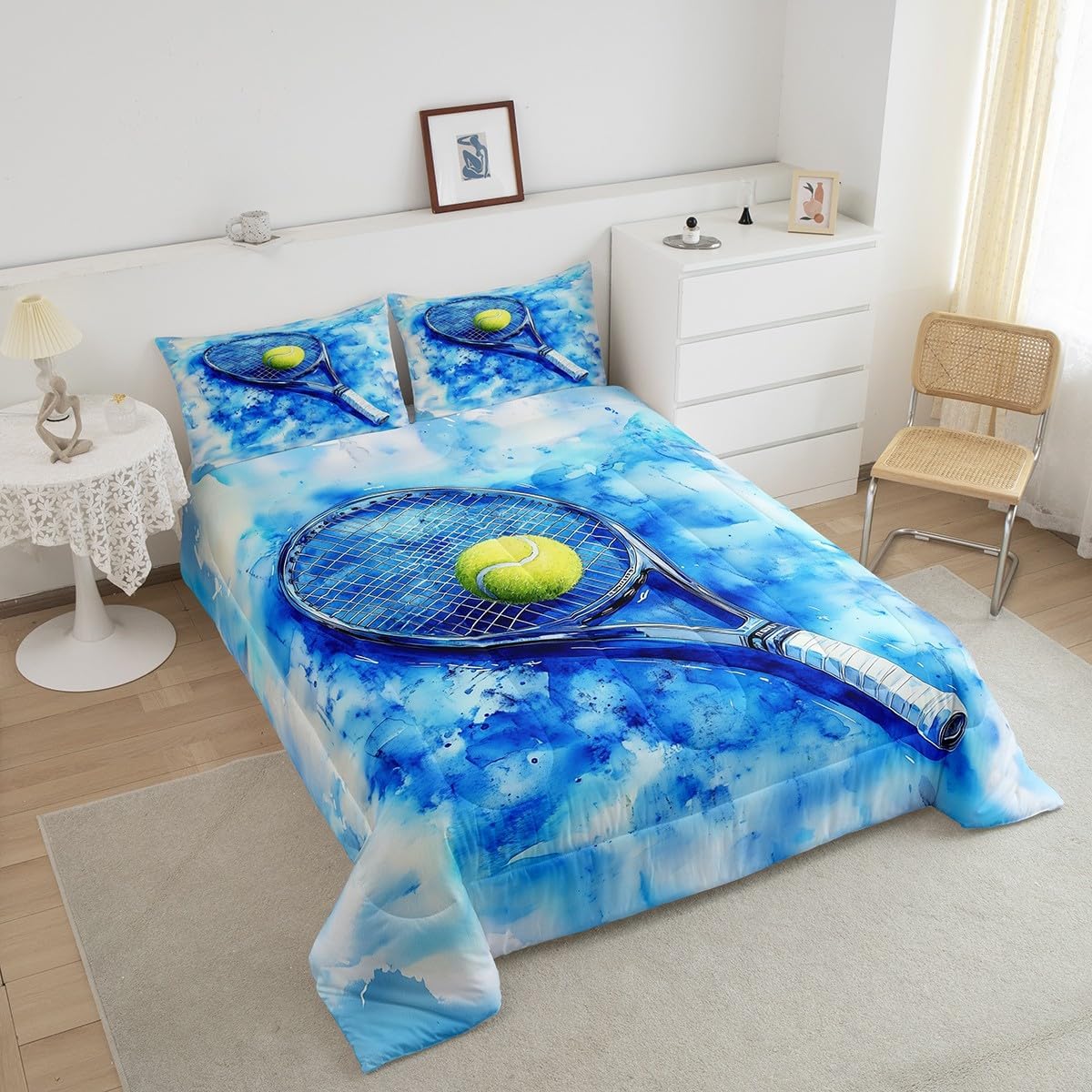 Tennis Racket and Ball Comforter Full for Kids Adults Youth,3D Sport Theme Watercolor Tie Dyed Quilt Comforter Room DecorKids Teens Outdoor Tennis Quilted Duvet Duvet Insert,2 Pillowcases