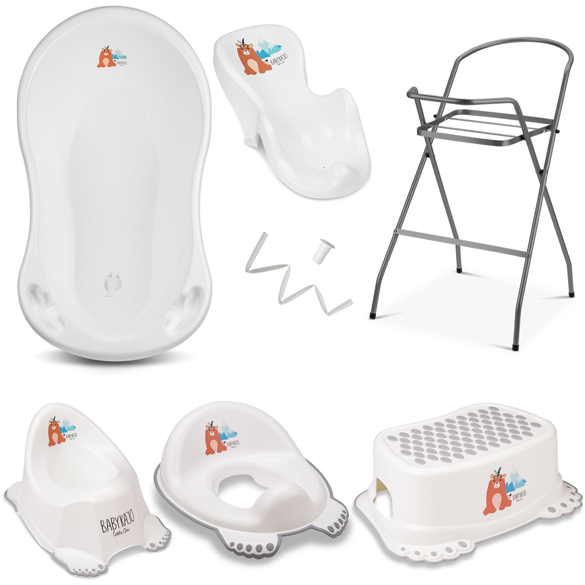 Vasca da bagno per bambini con struttura, set da 7 pezzi, certificazione TÜV Rheinland, vasca da bagno + seggiolino per vasca da bagno + supporto + scarico + vasino + sgabello + sedile WC per bambini