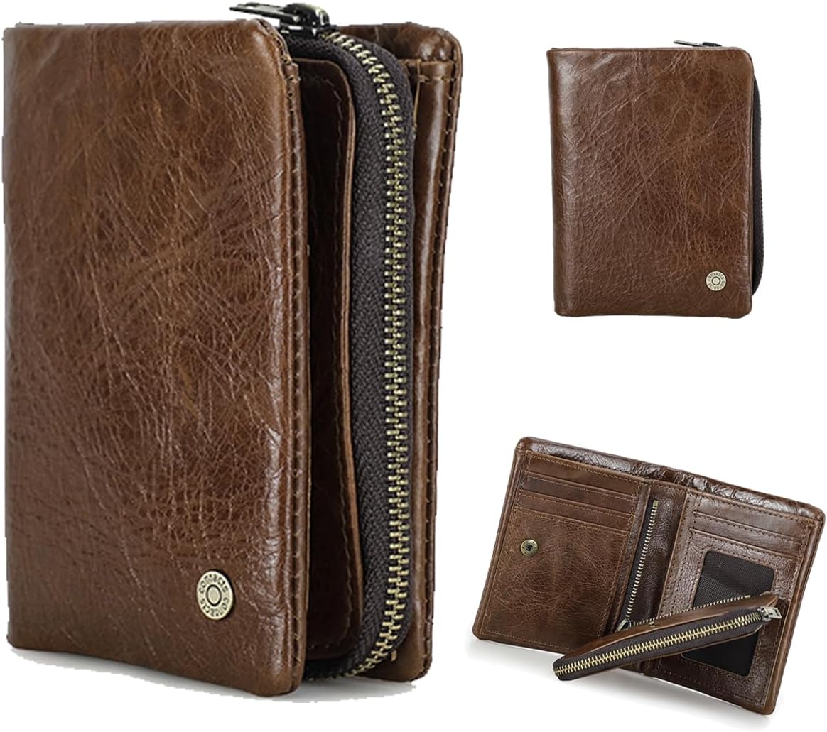 Contacts Mens Trifold Wallet Detachable Zip Coin Pocket RFID Blocking Leather Purse Zip Multi Credit Card Organizer with 7 Card Slots 1 Photo Window