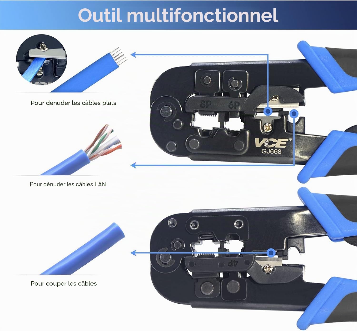 VCELINK Kit de Sertissage, Pince à Sertir RJ45 avec 20 Connecteurs Cat7 Pass Through, Testeur RJ45, Pince Coupante