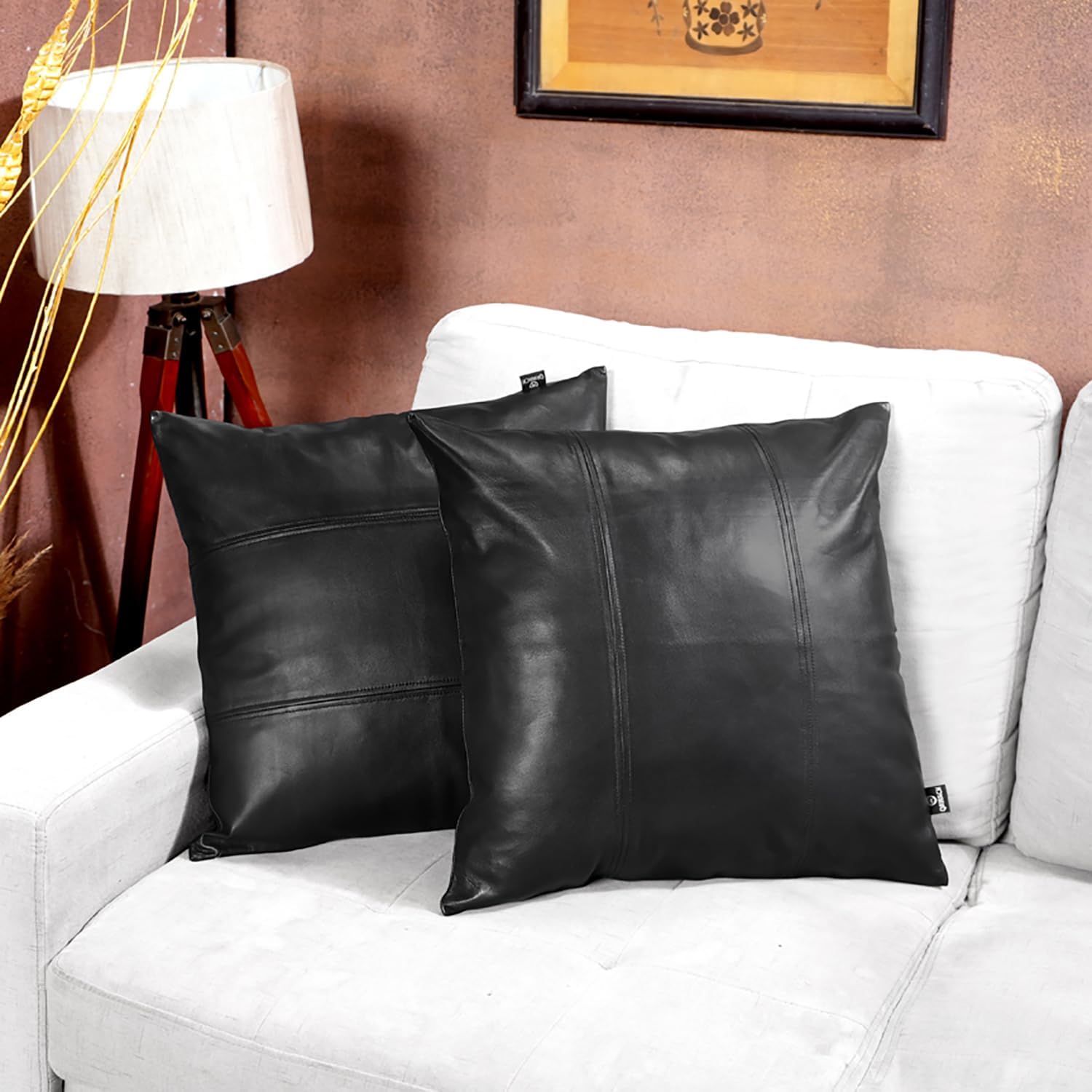 Lambskin Leather Pillow Cover - Chair, Bed, Chaise Lounge, Sofa Cushion Case - Decorative Throw Pillow Covers for Living Room & Bedroom 22 x 22 Inches - Black Pack of 2