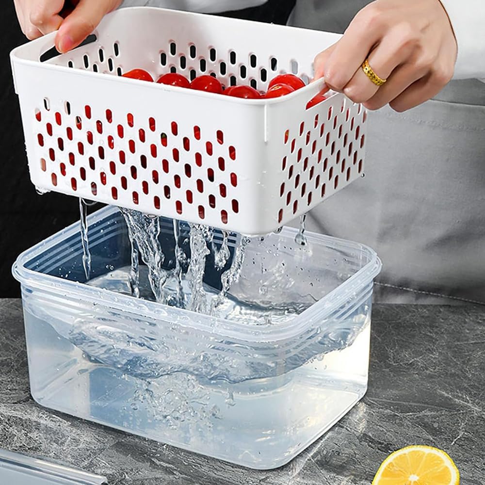 Fruit Storage Containers, 4 in 1 Food Storage Container, Household Transparent Plastic Food Storages Box-Including Drain Basket, For Vegetables & Kitchen Organization (Grey,S+M+L)