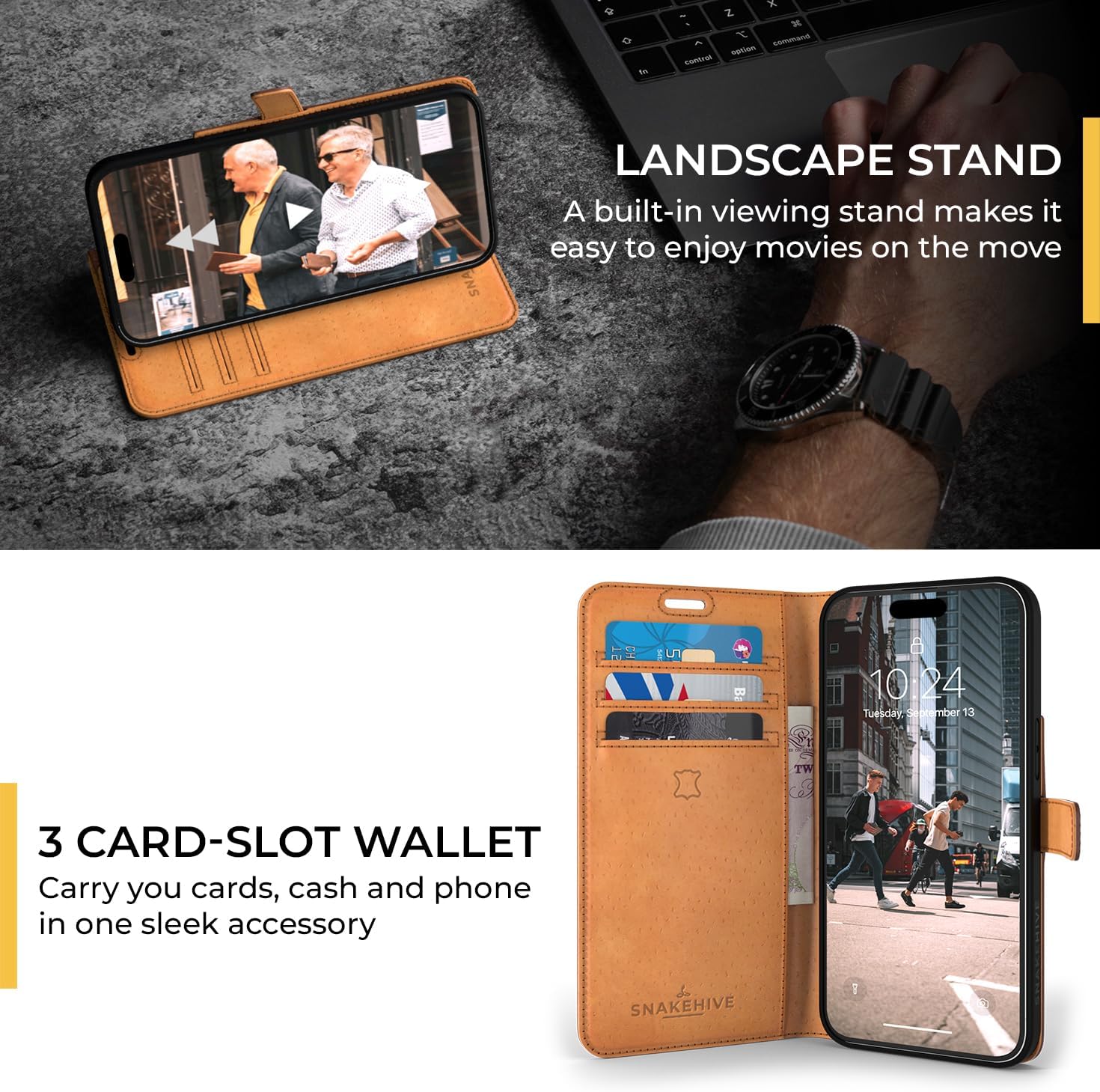 Snakehive Leather Wallet for iPhone 15 - Real Leather Wallet Phone Case - Genuine Leather with Viewing Stand and 3 Card Holder - Flip Folio Cover with Card Slot (Plum)