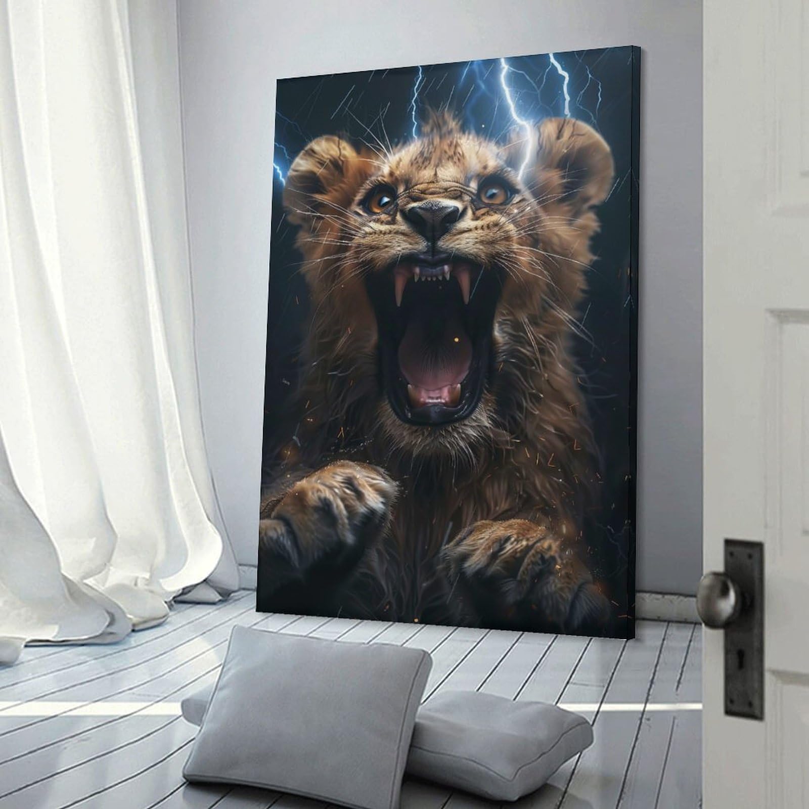Junmoney Lion Lightning Wall Picture Print 20x30inch(50x75cm), for Home Office, Desk Area Or Studio, Home Office Artwork with Decorative Appeal