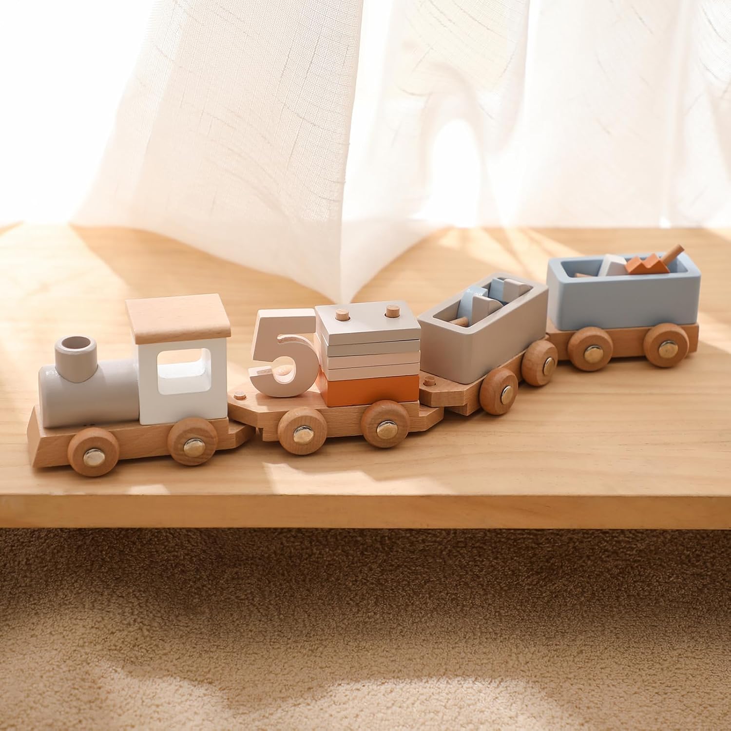 Wooden Train Toys for Babies with Numbers and 4 Train