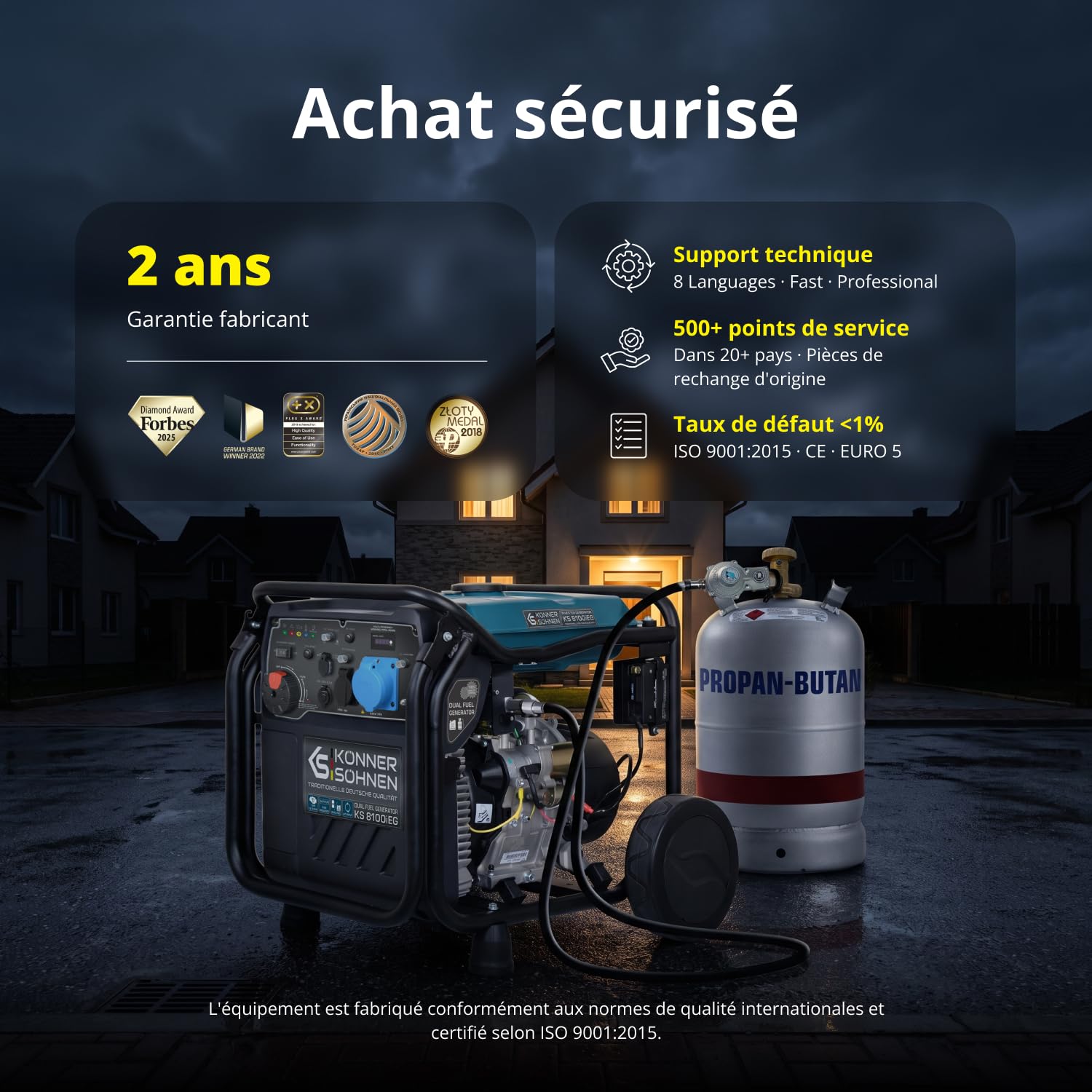 Groupe électrogène inverter à essence/gaz Könner & Söhnen KS 8100iEG, puissance maximale 8000 W, affichage LED, mode d’économie de carburant, enroulement en cuivre, EURO V. Générateur onduleur.